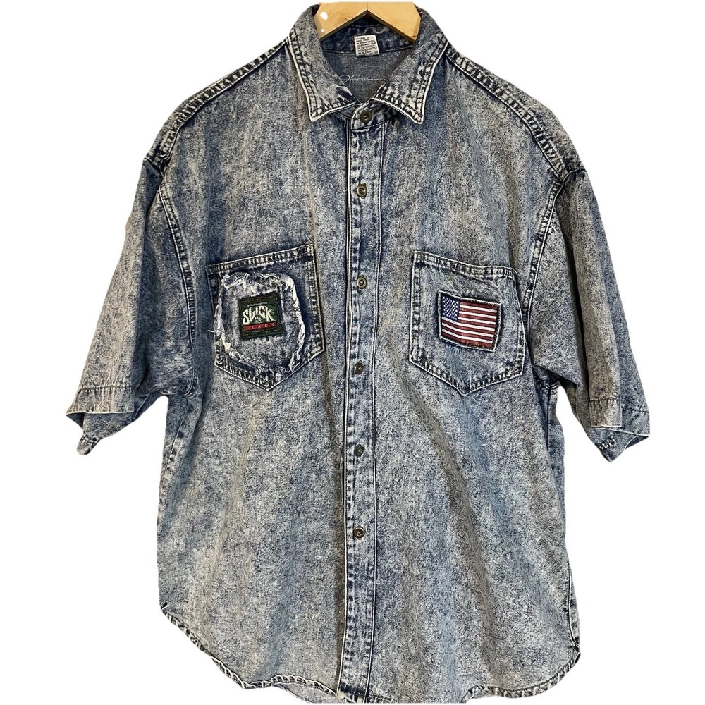 70s Slick Jeans Acid Washed Shirt Men's Sz L Blue Button Up Logo Patches Pockets
